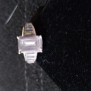 Silver Tone Overlay Ring w/Lg Rectangular CZ & Smaller Ones on Sides
